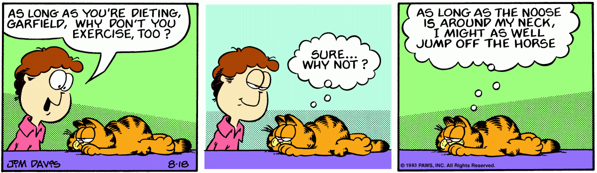 Garfield eyes an exercise rope drawn like a noose, dreading it.