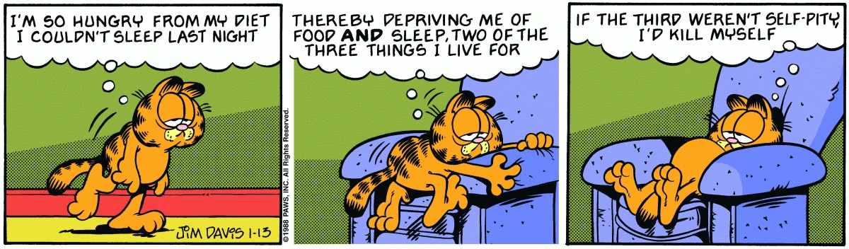 Starved and sleepless on a diet, Garfield says if self-pity weren't the third thing he lives for, he'd kill himself.